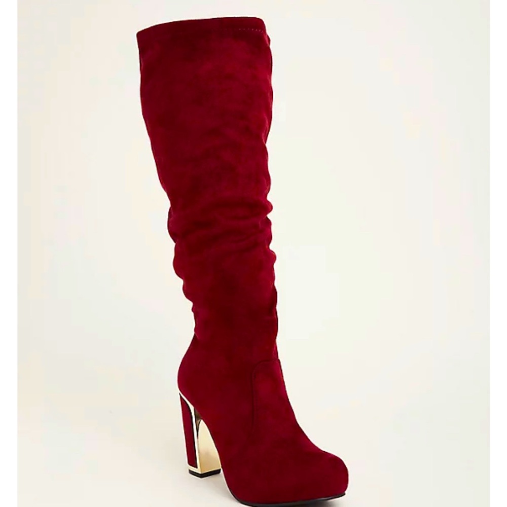 Torrid wide width wide calf burgundy faux suede slouch boots with gold size 9